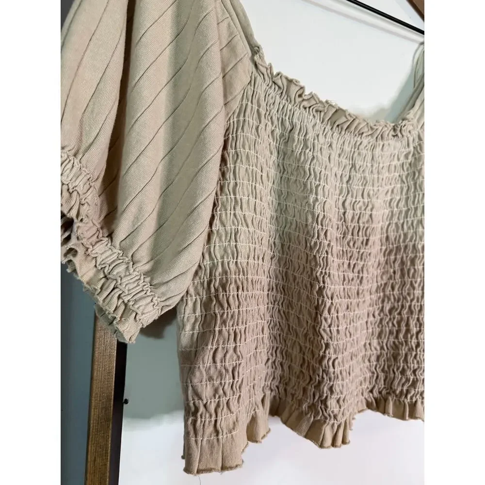 Free people oh hey smocked putt sleeve top in tan size Large
